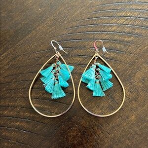 Gold Hoop Earrings with Teal Tassels